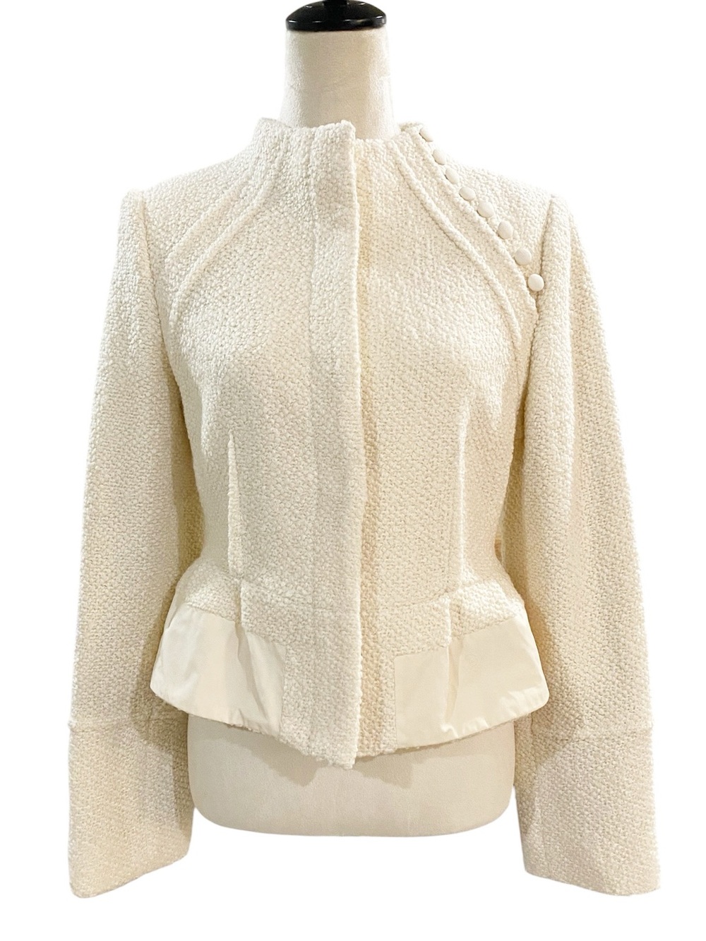 BCBGMAXAZRIA New Cream Wool Bouclé Peplum Jacket Size S